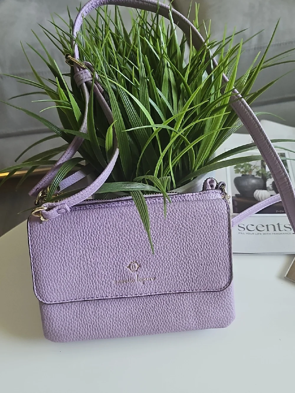 Nanette Lapore lilac leather crossbody wallet with gold hardware